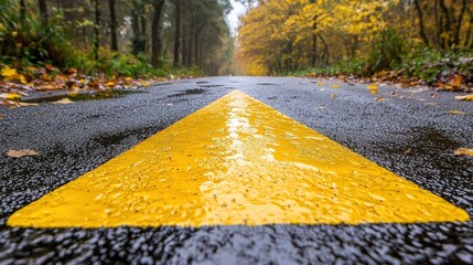 Wet road, yellow line, autumn trees blur into distance