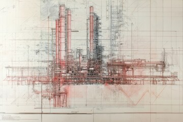 Architectural drawing of an industrial complex with towers and intricate piping systems in red and black ink