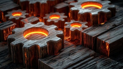 Wooden cogs glow, resting on wood blocks and planks