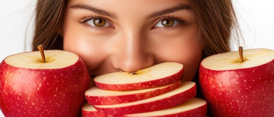 Woman's face framed by sliced and whole red apples
