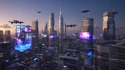 A futuristic cityscape glows with neon lights as drones fly between towering skyscrapers under a twilight sky