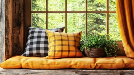 Window seat view. Pillows, plant, tree backdrop through panes