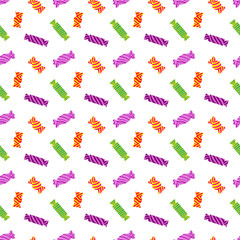 Colorful candy in seamless pattern design with lollipops and striped wrapper. Perfect candy texture for holiday themes. Candy background fits Halloween, Easter and Christmas party decorations.