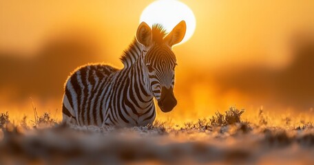 Zebra foal rests, sun behind. Striking lighting effect