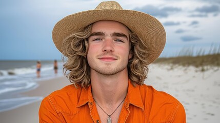 Young man smiles, hat, beach scene backdrop, orange shirt