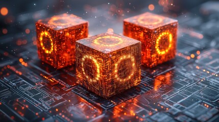 3 glowing red/orange cubes on electronic circuit surface