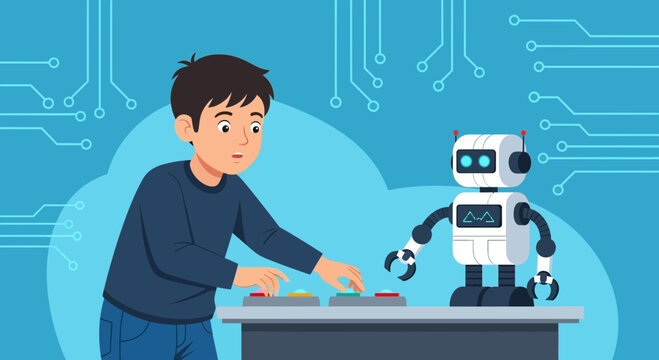 Young Creator Interacting With A Small Robot Against A Technology Backdrop