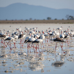 Fototapeta premium A flock of Painted stork (Mycteria leucocephala), and other shorebirds, low angle view, side shot, foraging on the salt fields in the morning sun, at Pak Thala, lower central of Thailand.