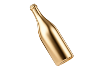 A gold bottle of champagne is shown in a white background