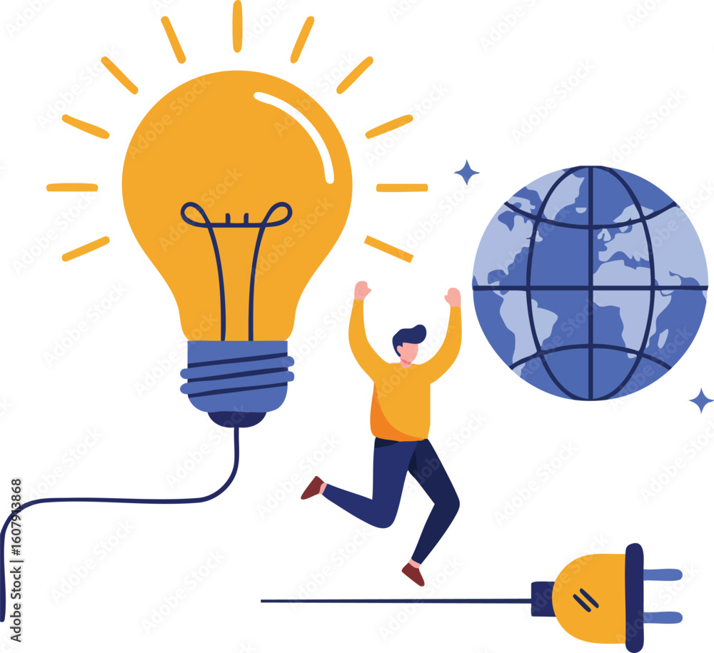 Poster light bulb energy connection with globe and person symbolizing global power and innovation concepts 