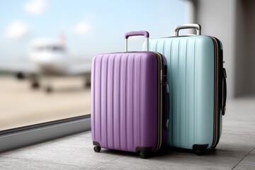 Purple and blue suitcases by airport window with aircraft in background