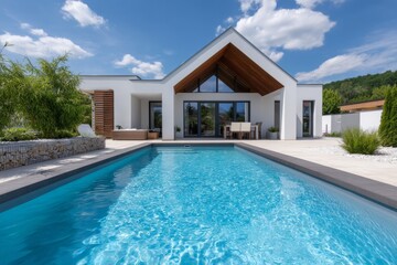 Modern home with pool, blue sky, and lush greenery