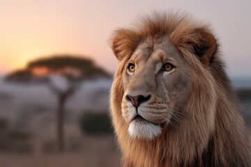 Majestic african lion at sunset in natural habitat