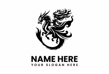 Silhouette of a woman riding a horned dragon with flowing hair and tail.