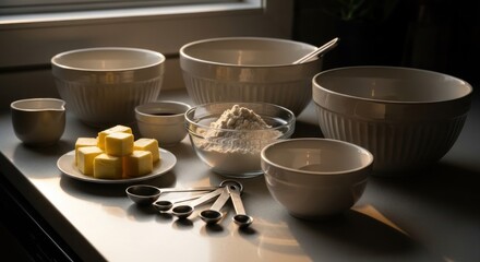 Fototapeta premium Baking preparation butter, flour, bowls and measuring spoons on counter