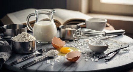 Baking preparation ingredients spread on marble with cookbook backdrop