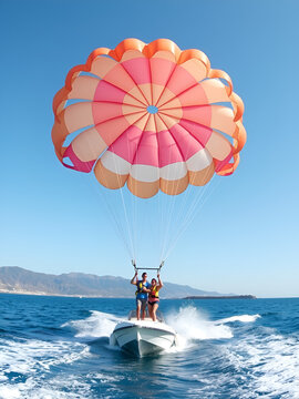 Parasailing or parascending recreational water sport with boat on Tenerife, Costa de Adeje, adventure for tourists