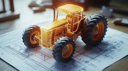 Golden tractor wireframe model on a blueprint with large tires and blurred background elements visible