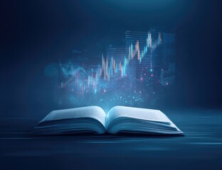 Open book with glowing financial data