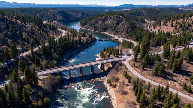 Aerial of American river near Foresthill, Auburn-Foresthill or Auburn road bridge crossing over the North Fork American River in Placer County and the Sierra Nevada foothills, in eastern California.