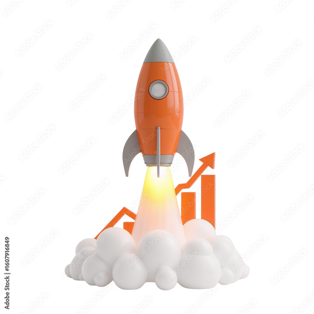 Poster 3d rendering of a stylized rocket launching with ascending graph isolated on transparent background