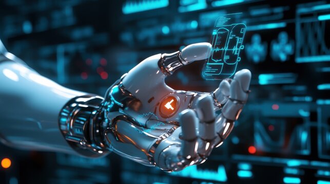 A robotic arm holding a digital interface with data displayed over a futuristic technology background