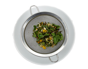 Fresh herbal tea blend ready for brewing in a fine mesh strainer, capturing natural wellness.