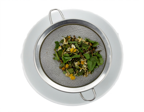Fresh herbal tea blend ready for brewing in a fine mesh strainer, capturing natural wellness.