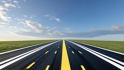 Naklejka premium Endless highway stretching to the horizon under a bright blue sky with scattered clouds