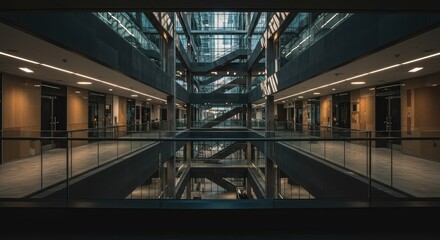 A modern, multi-level interior space with walkways, reflecting the architectural design