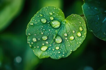Close up of a green leaf covered in water droplets glistening in the sunlight after a rain shower