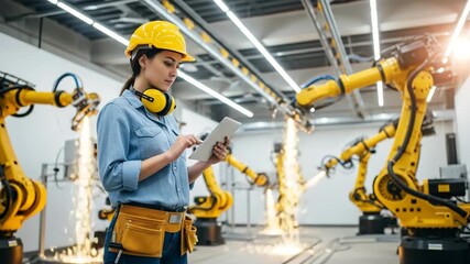A female engineer in a yellow hard hat and headphones reviews data on a tablet in a modern factory with robotic arms in operation - Powered by Adobe