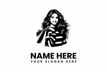 Smiling woman in striped top holding shopping bags with floral accent.