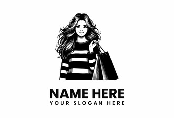 Smiling woman with flowing hair holding shopping bags in black and white illustration.