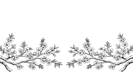 Fototapeta premium Cherry blossom tree branches border at the bottom — delicate Japanese engraving decorative element for invitations, cards and banners.