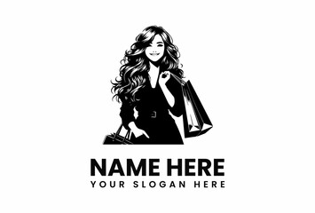 Smiling Woman with Flowing Hair Holding Shopping Bags in Black and White.