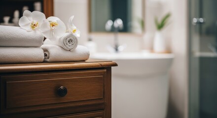 Clean, bright bathroom scene featuring towels, orchids, and wooden vanity