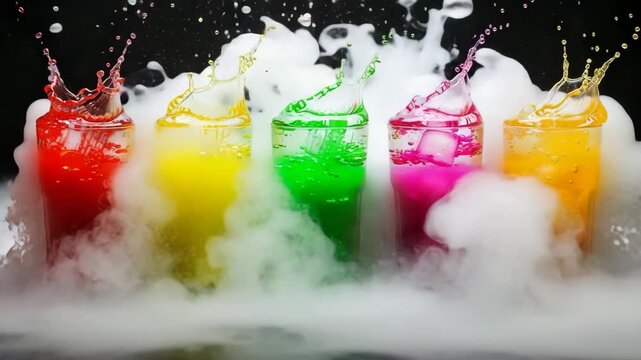 Five colorful cocktails with vibrant splashes and ice cubes are arranged in a row surrounded by swirling smoke against a dark background