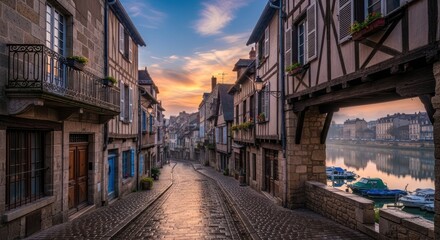 Naklejka premium Cobblestone street with timber-framed houses under sunrise sky