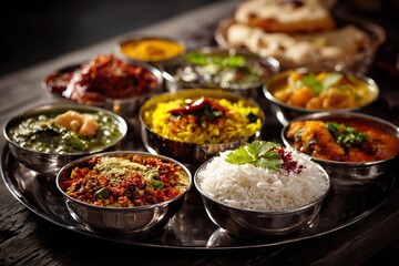 A platter filled with an array of colorful and flavorful Indian dishes on a tray