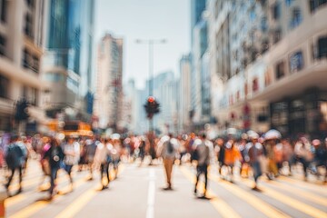 Blurry city street scene with pedestrians