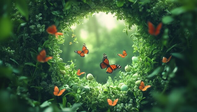A magical meadow, part of a beautyful enchanted landscape and set against a fantasy garden backdrop. Spring blooming trees add to the mystical ambiance. Framed in a round shape with room for text in