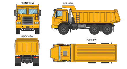 Technical illustration showing front, side, back, and top views of a yellow dump truck with detailed features and precise lines.