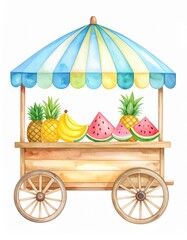 Watercolor Fruit Cart with Tropical Fruits and Striped Awning