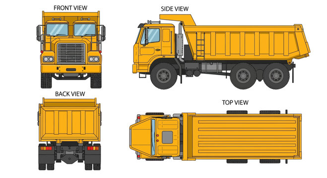 Technical illustration showing front, side, back, and top views of a yellow dump truck with detailed features and precise lines.