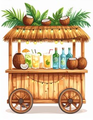 Wooden Tiki Bar Cart with Coconuts and Colorful Cocktails on a Beach