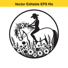 Cowgirl Braiding Wildflowers into Her Horse&rsquo;s Mane in a Meadow