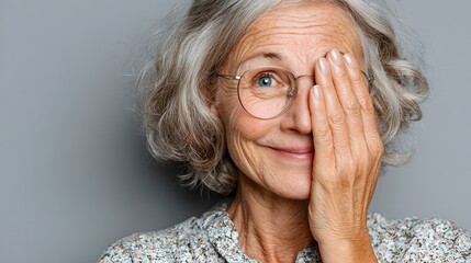 Smiling senior woman wea eyeglasses playfully covers one eye with her hand against a gray background.