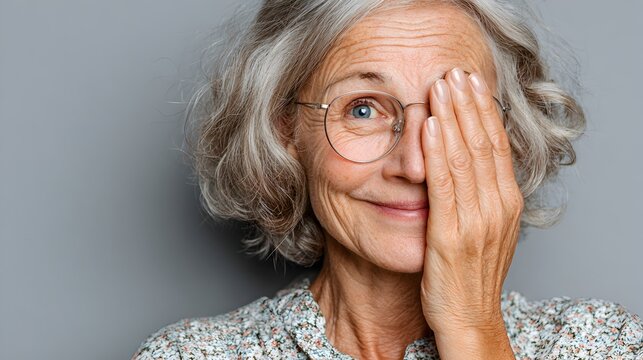 Smiling senior woman wea eyeglasses playfully covers one eye with her hand against a gray background.