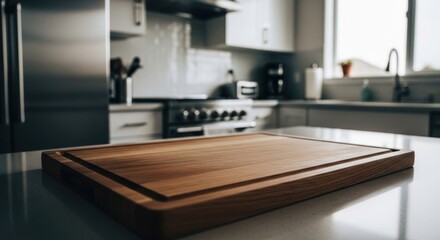 Cutting board atop kitchen island, soft focus